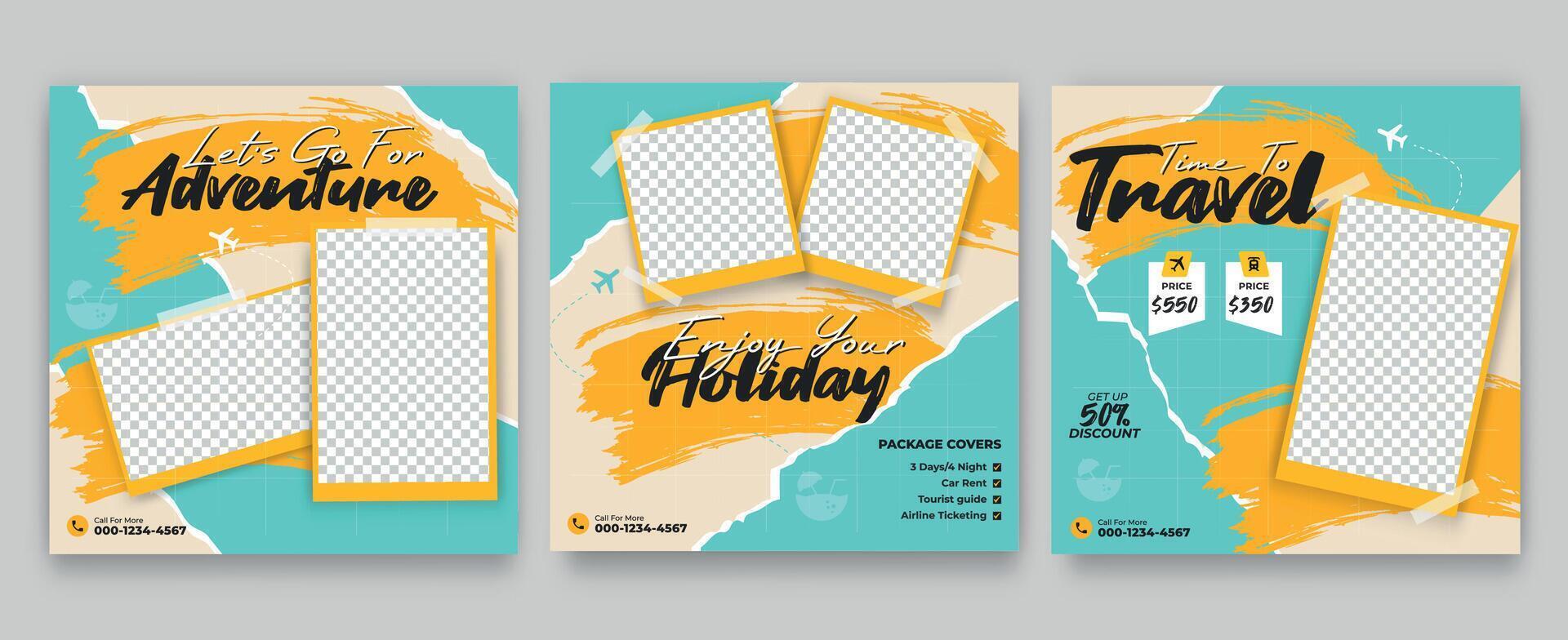 Set of travel sale social media post template. Summer beach holiday, traveling agency business offer promotion.tourism advertisement banner design. vector