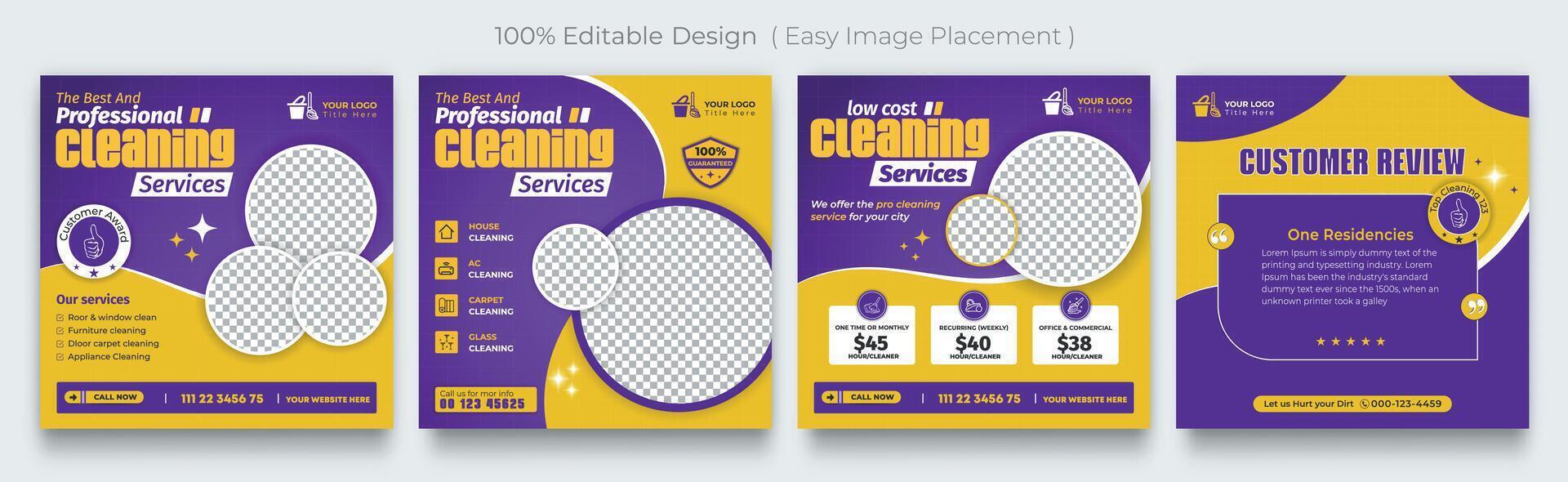 Cleaning service social media posts set or clean agency marketing square banner template vector