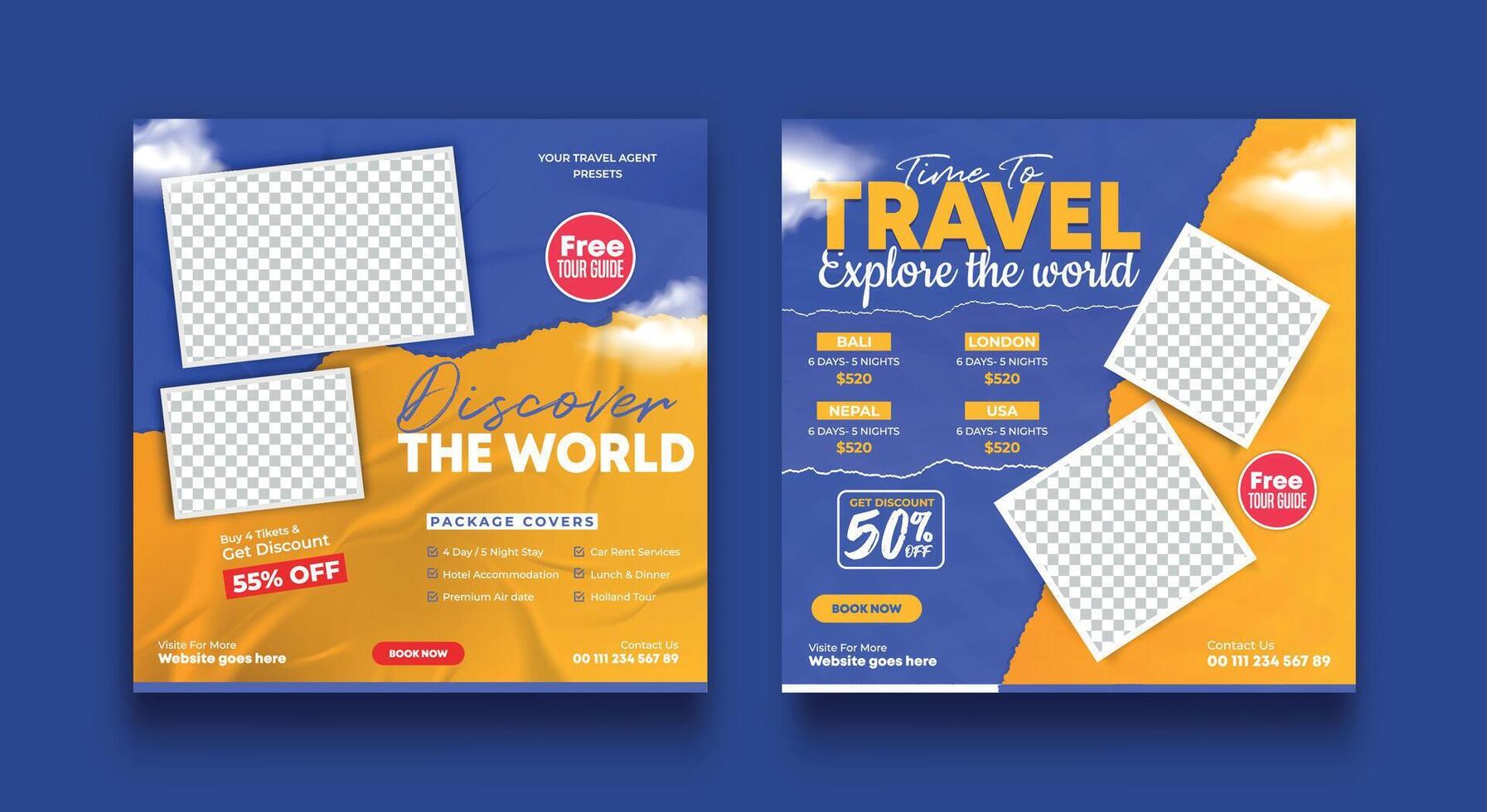 Set of travel sale social media post template. Summer beach holiday, traveling agency business offer promotion.tourism advertisement banner design. vector
