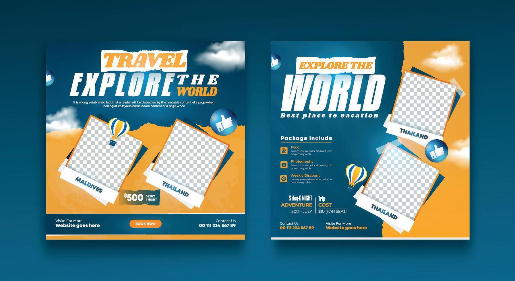 Travel and explore the world adventure social media post design template vector