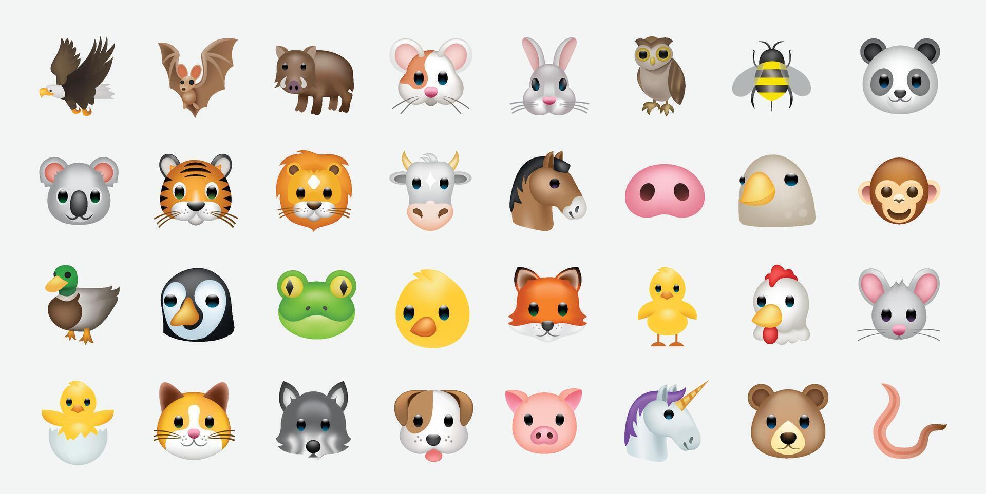 Set of animal faces, face emojis, stickers, emoticons. vector