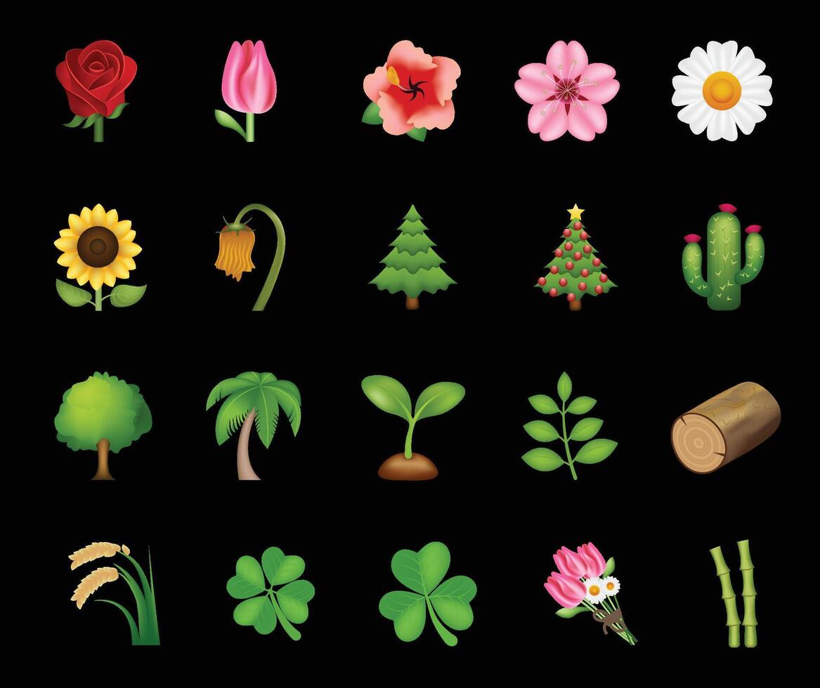 Set of different types of flowers, trees and plants emoji illustration isolated on white background. House plants and flowers. Rose, sunflower, daisy, sakura and plants emoji set. vector