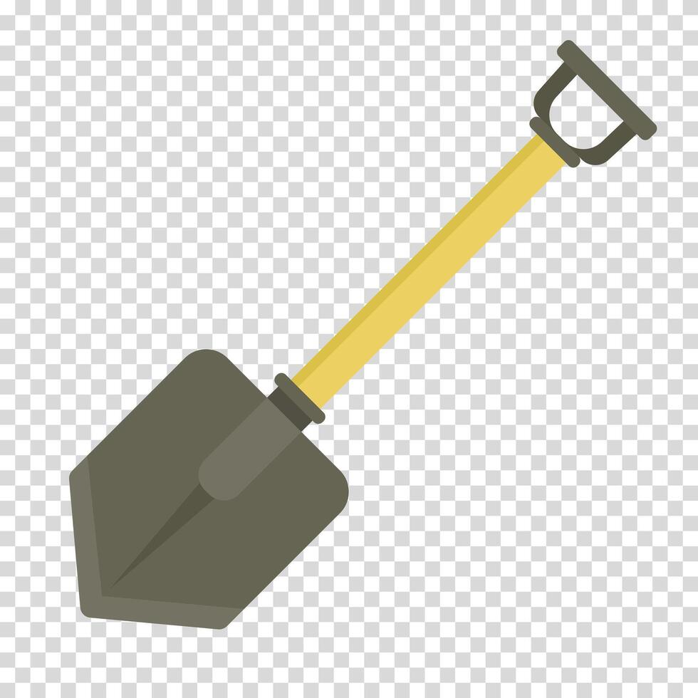 militar pala con un amarillo manejar, trabajar, mano de obra, construcción, excavación, plano diseño, sencillo imagen, dibujos animados estilo. especializado herramientas concepto. línea icono para negocio y publicidad vector