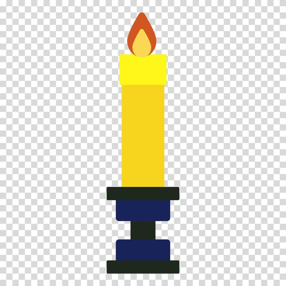 Bright yellow candle in blue candlestick, light, warmth, religion, holiday, flat design, simple image, cartoon style. Comfort and coziness concept. line icon for business and advertising vector