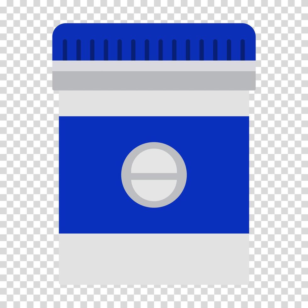 blanco paquete de pastillas con un azul gorra, pastillas, tratamiento, cilindro, el plastico, medicamento, plano diseño, embalaje, dibujos animados estilo. salud cuidado concepto. línea icono para negocio y publicidad vector