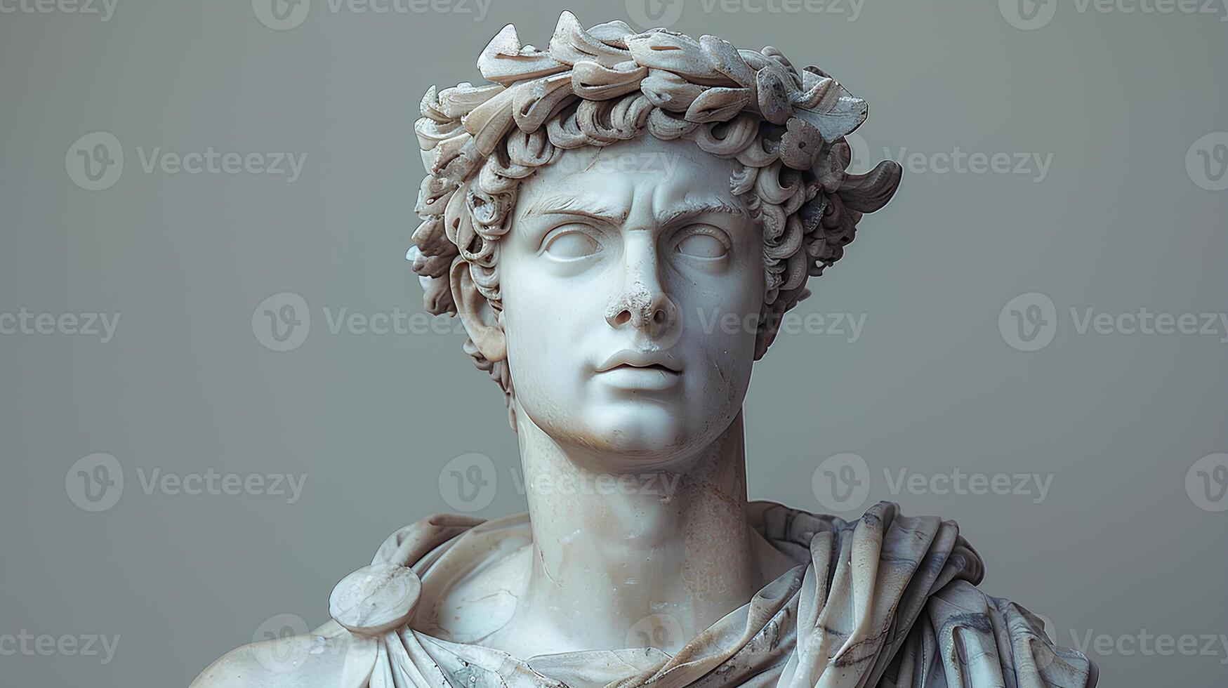 Ancient Greek statue of an ancient Roman senator in marble. Ancient roman Emperor statue in stone isolated on simple background. Ancient Greek architecture photo