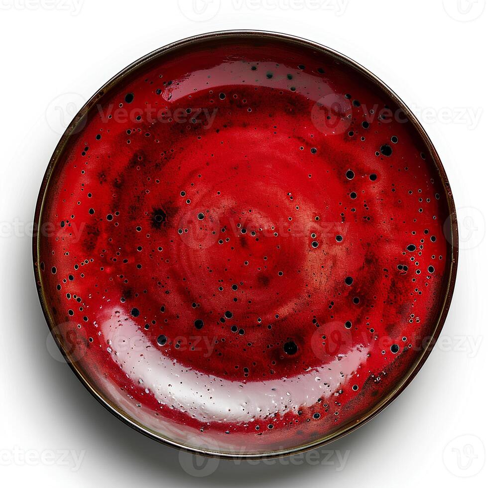 Red ceramic plate isolated on white background with shadow. Red plate with texture top view photo
