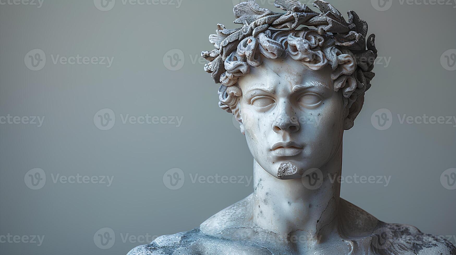 Ancient Greek statue of an ancient Roman senator in marble. Ancient roman Emperor statue in stone isolated on simple background. Ancient Greek architecture photo