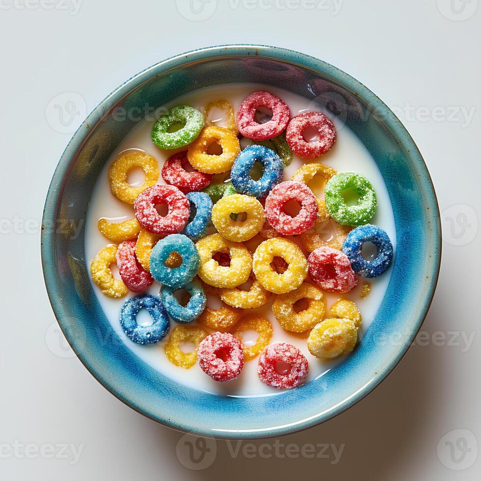 Bowl of fruit loops isolated on white background with shadow. Fruit loops cereal top view photo