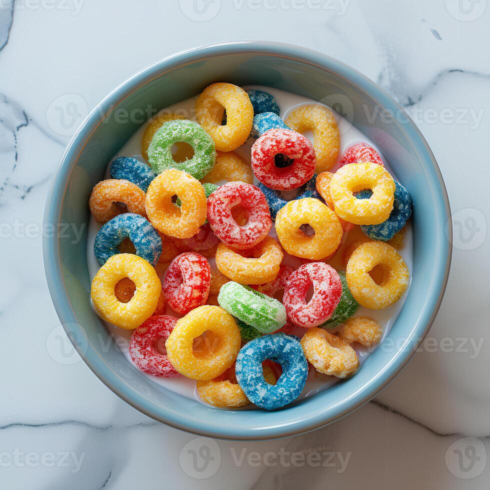 Bowl of fruit loops isolated on white background with shadow. Fruit loops cereal top view photo