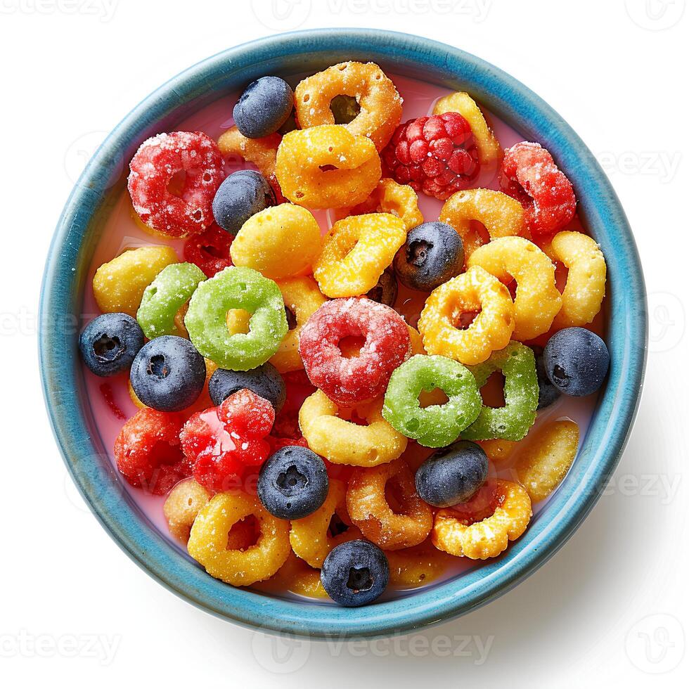 Bowl of fruit loops isolated on white background with shadow. Fruit loops cereal top view photo