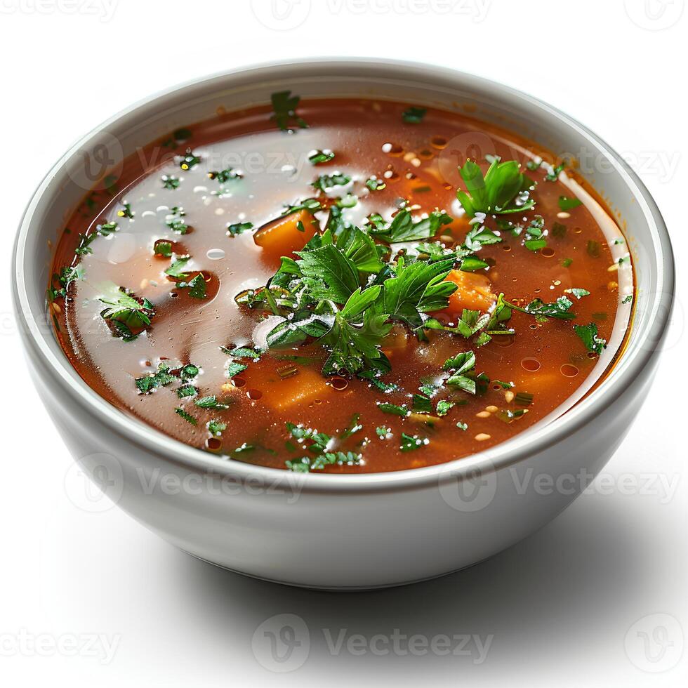 tomate sopa con albahaca en cuenco aislado en blanco antecedentes con sombra. rojo tomate vegetal sopa en cuenco foto