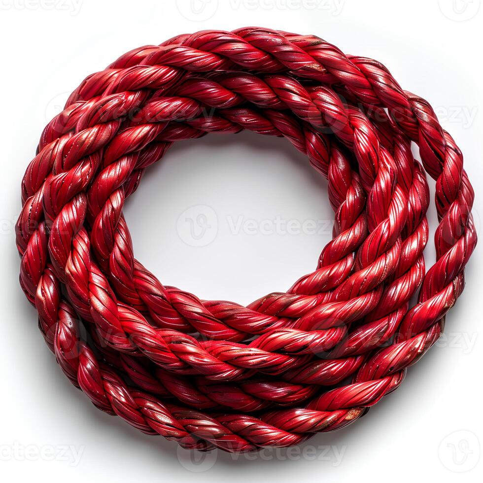 Red rope isolated on white background with shadow. Red cord rope photo