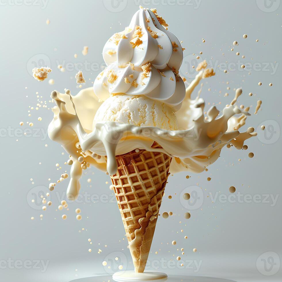 Vanilla ice cream cone with dripping. Vanilla ice cream melting photo