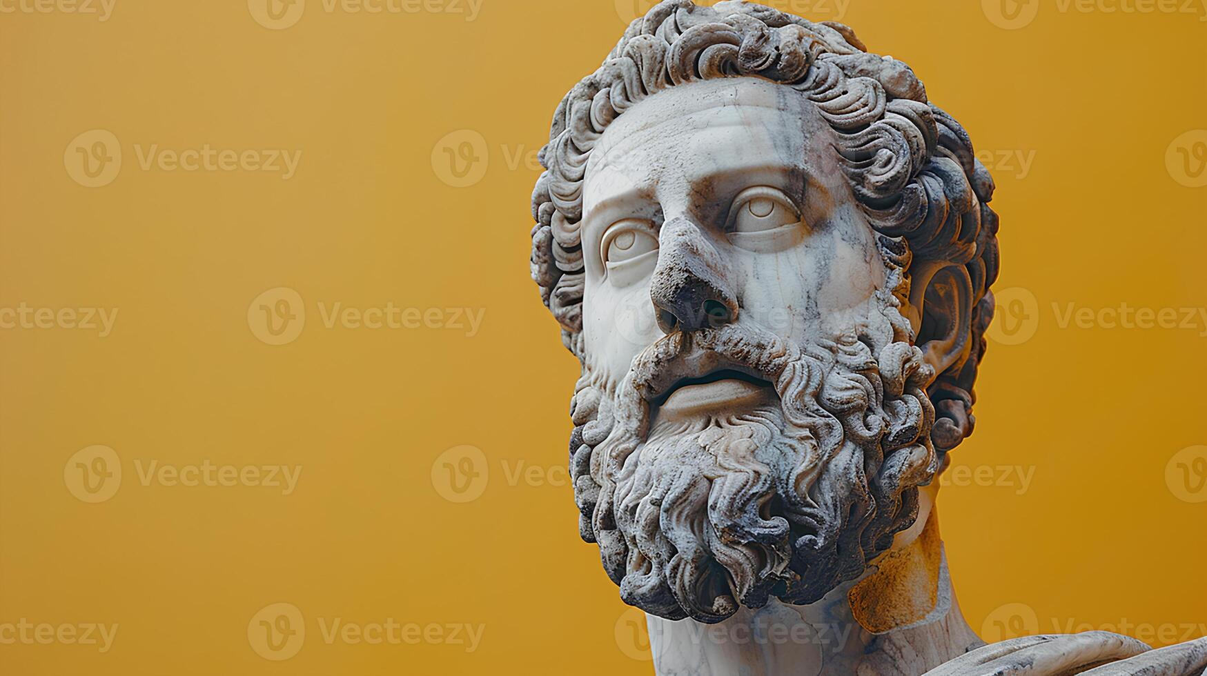 Ancient Greek statue of an ancient Roman senator in marble. Ancient roman Emperor statue in stone isolated on simple background. Ancient Greek architecture photo