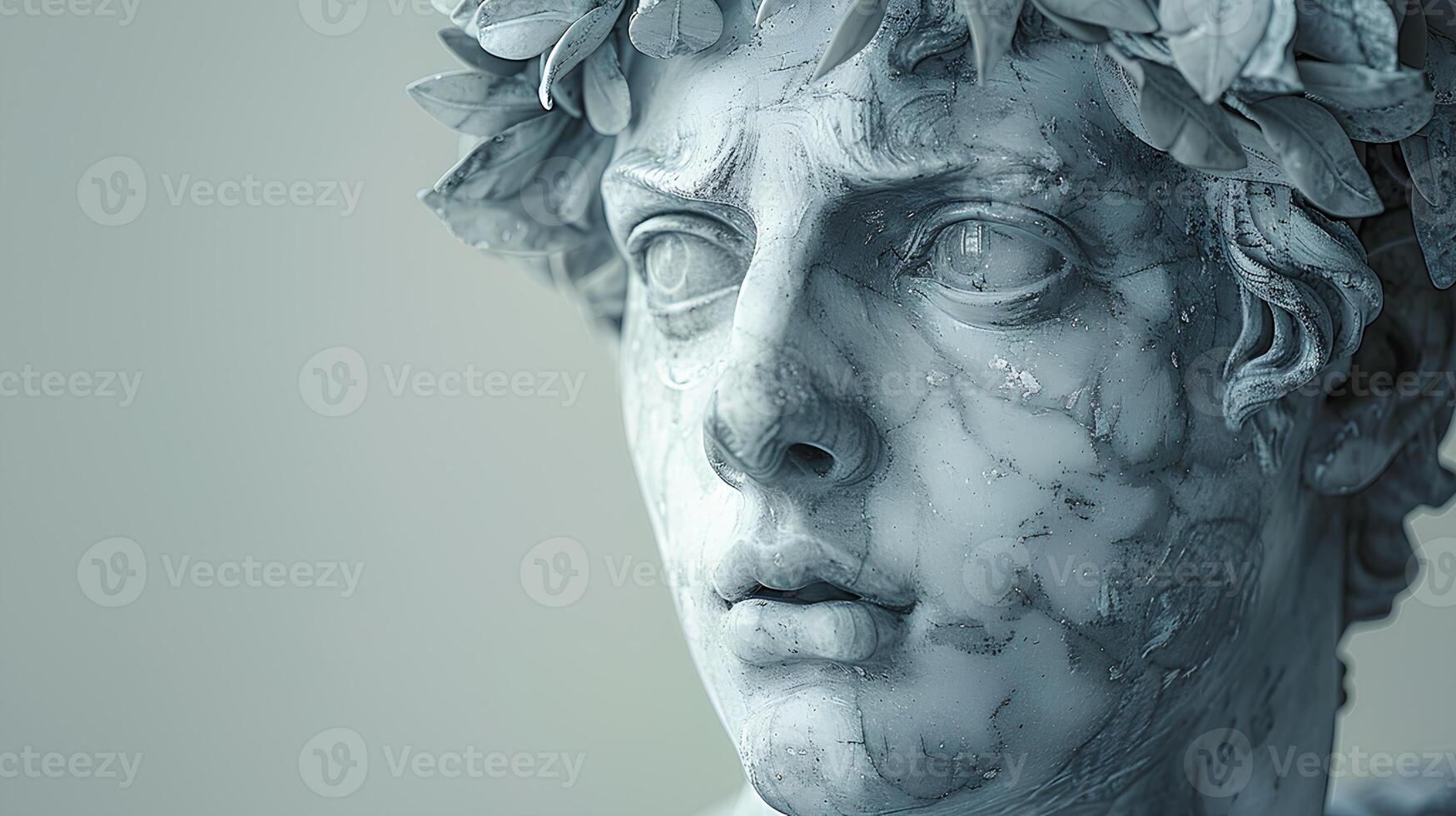 Ancient Greek statue of an ancient Roman senator in marble. Ancient roman Emperor statue in stone isolated on simple background. Ancient Greek architecture photo