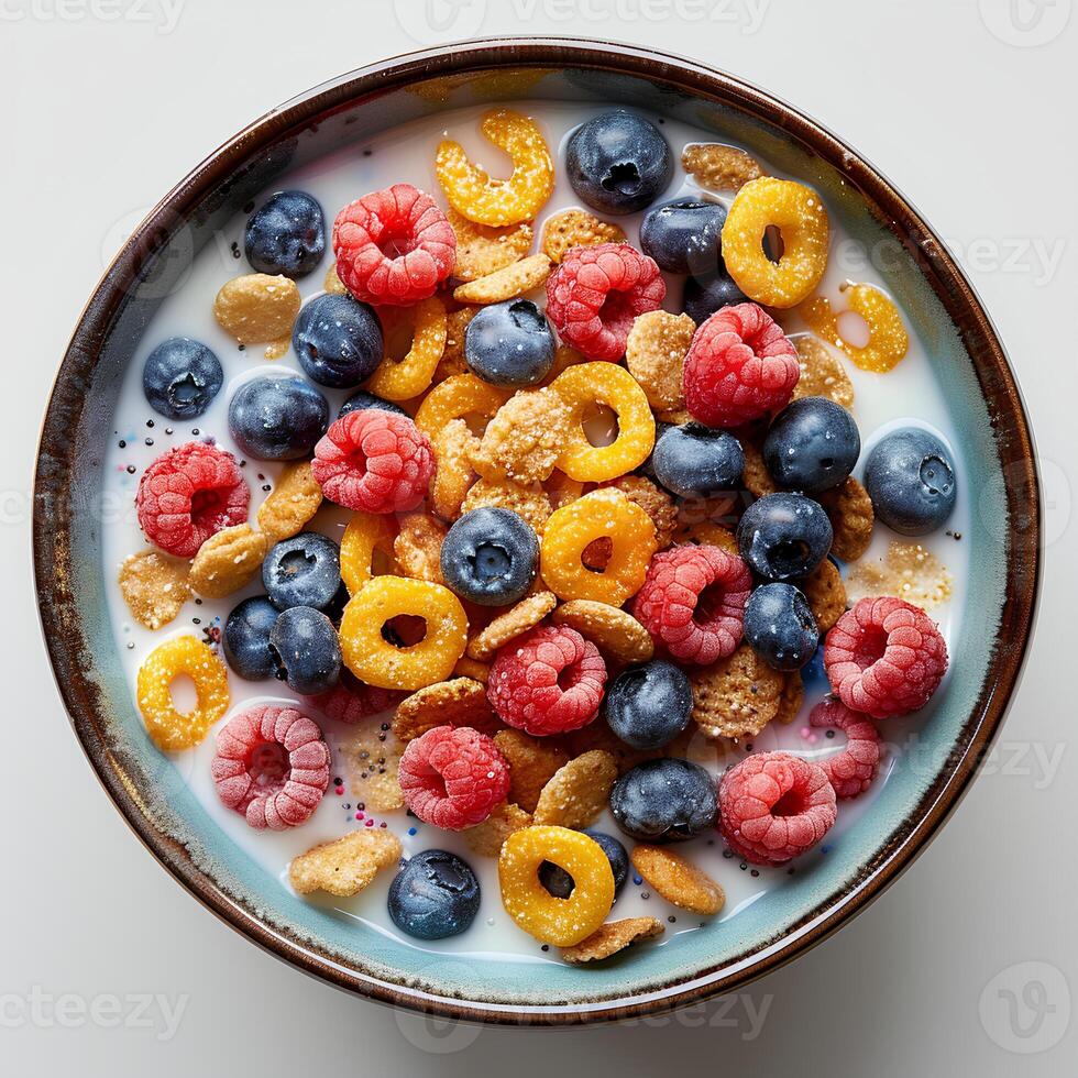 muesli with berries isolated on white background with shadow. Bowl of cereal flakes with milk in a bowl isolated on white background with shadow. Cereal in bowl photo