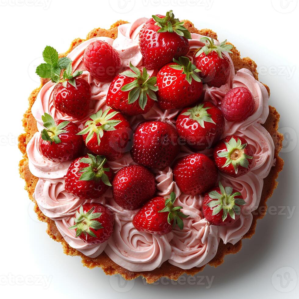 Strawberry cake isolated on white background with shadow. Strawberry cream cake isolated. Fruit cake with fresh strawberries. Strawberry fruit dessert photo