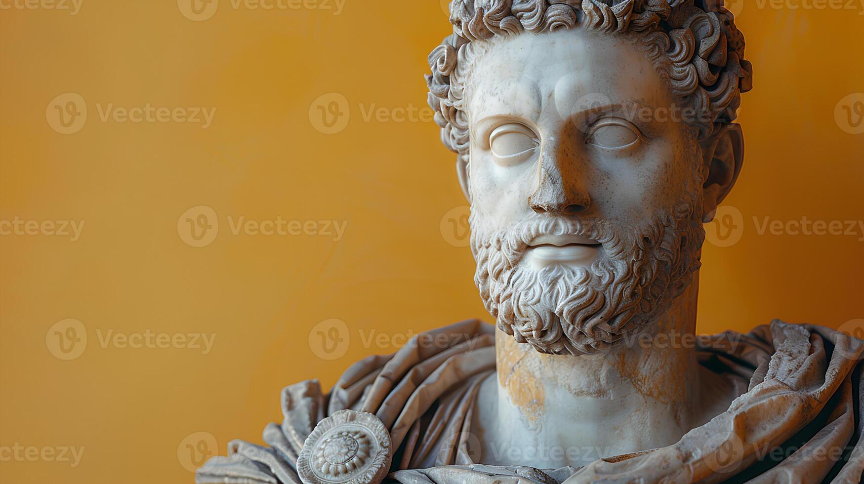 Ancient Greek statue of an ancient Roman senator in marble. Ancient roman Emperor statue in stone isolated on simple background. Ancient Greek architecture photo