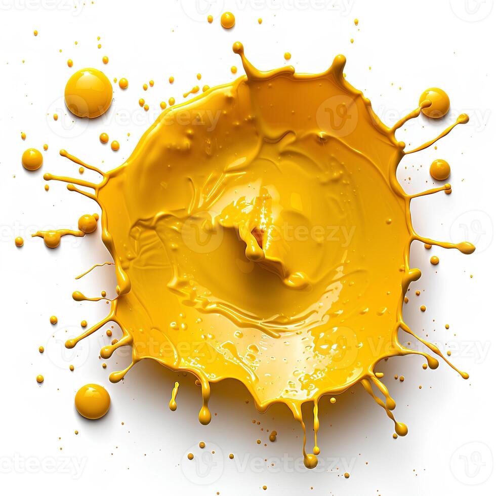 yellow paint drop isolated on white background with shadow. yellow paint explosion photo