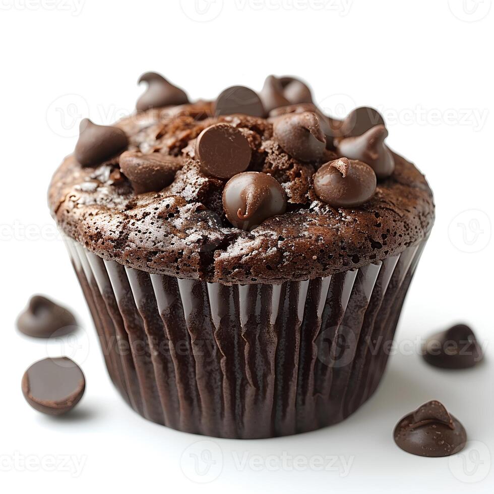 Chocolate muffin isolated on white background with shadow. Chocolate cupcake with chocolate sprinkles and pieces on top. Tasty and delicious chocolate dessert photo