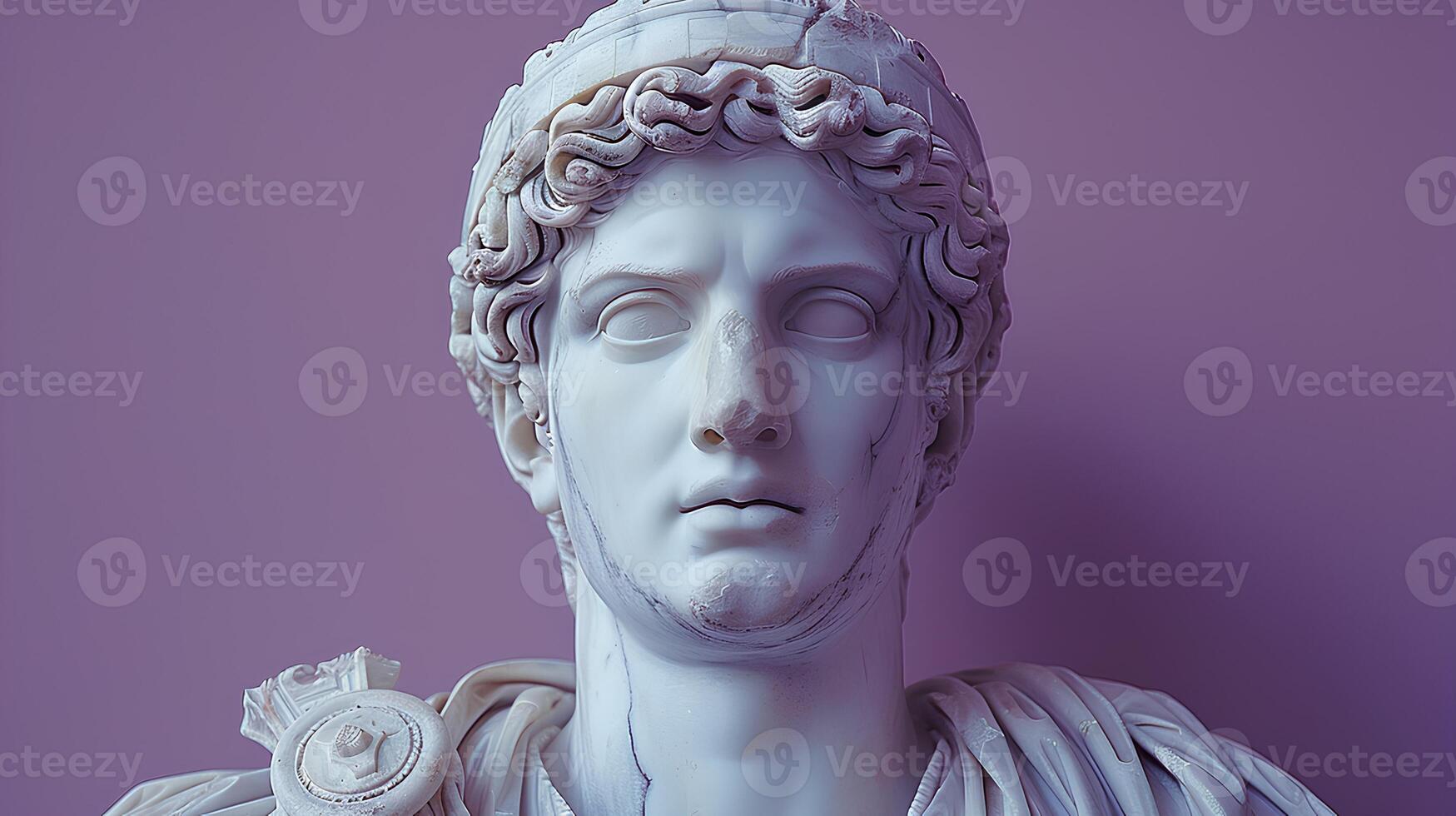 Ancient Greek statue of an ancient Roman senator in marble. Ancient roman Emperor statue in stone isolated on simple background. Ancient Greek architecture photo