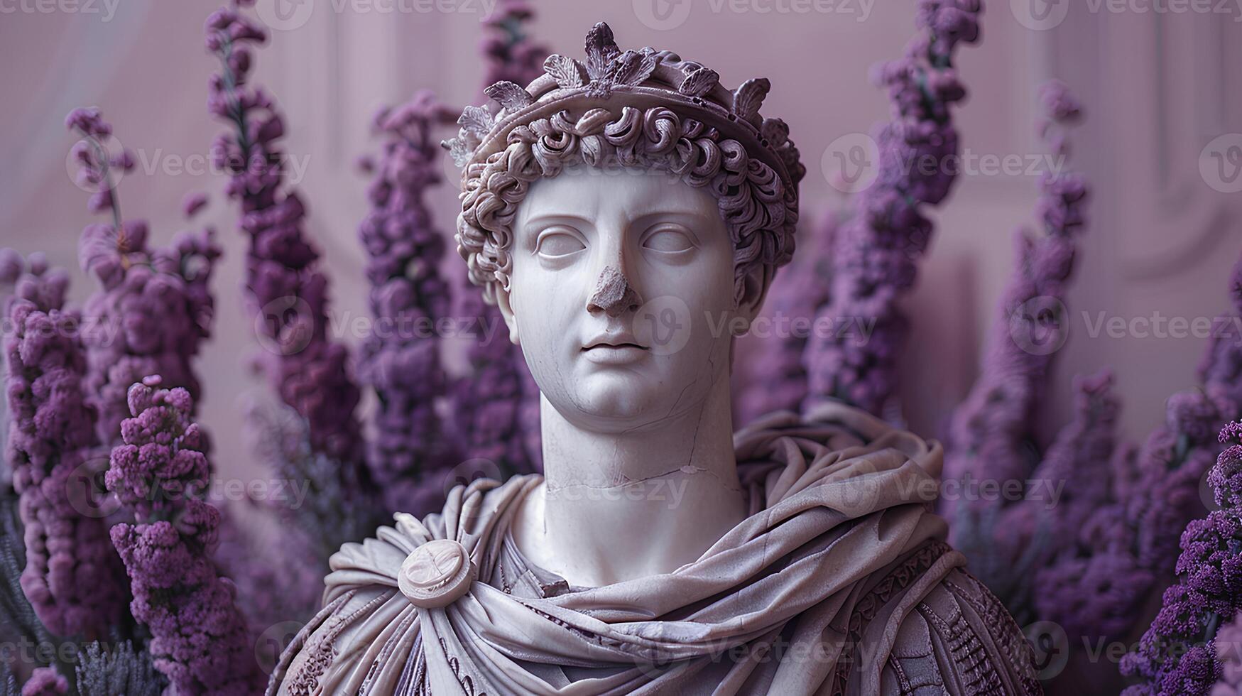 Ancient Greek statue of an ancient Roman senator in marble. Ancient roman Emperor statue in stone isolated on simple background. Ancient Greek architecture photo