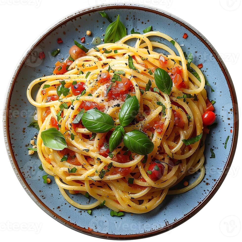 Spaghetti carbonara isolated on white background with shadow. Spaghetti carbonara on plate top view. Italian cuisine photo