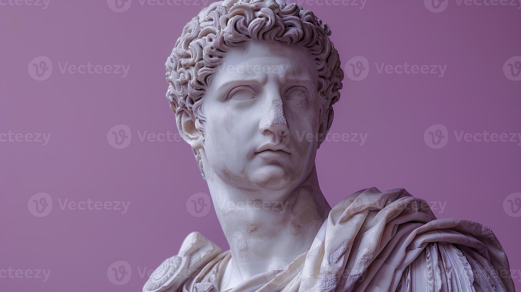 Ancient Greek statue of an ancient Roman senator in marble. Ancient roman Emperor statue in stone isolated on simple background. Ancient Greek architecture photo