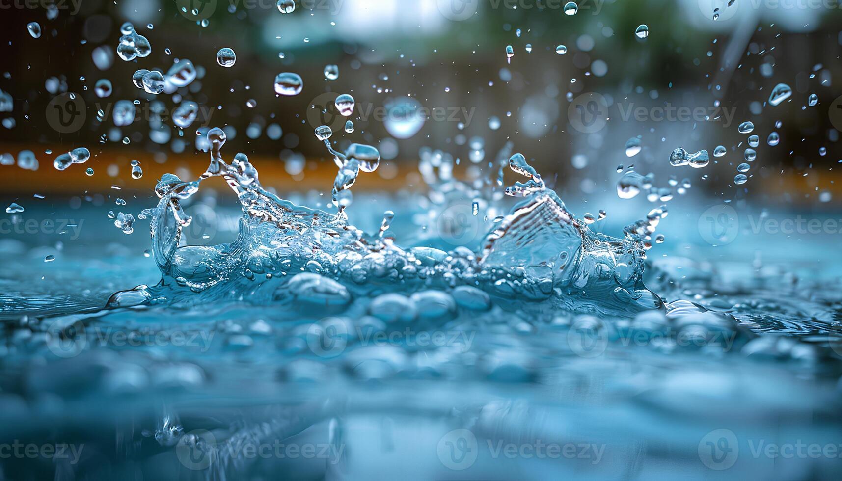 Water splash in the pool. Closeup of water explosion in a pool full of water. Water drip photo