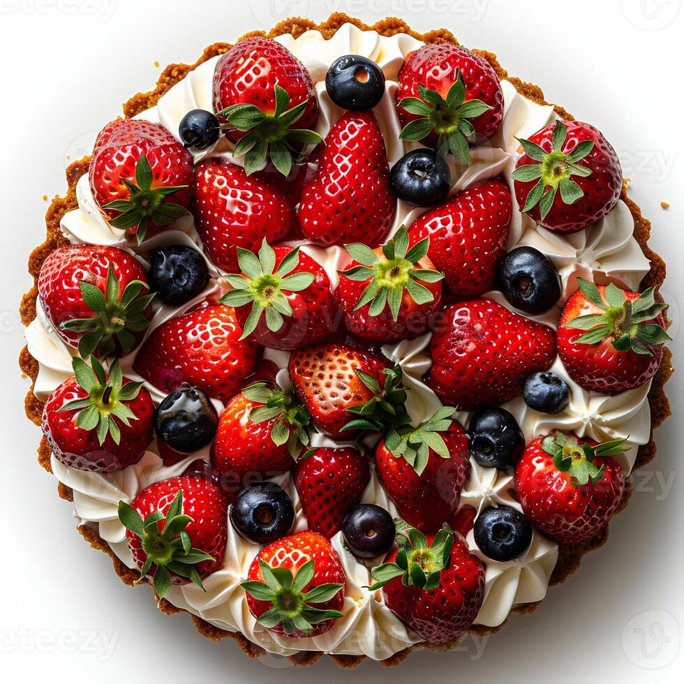 Strawberry cake isolated on white background with shadow. Strawberry cream cake isolated. Fruit cake with fresh strawberries. Strawberry fruit dessert photo