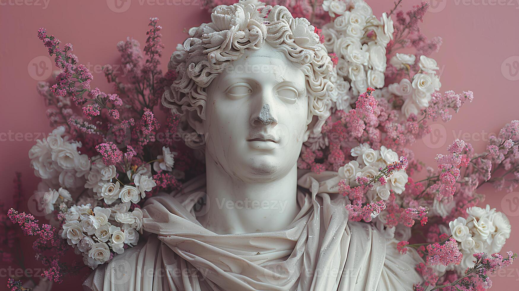 Ancient Greek bust of a man wrapped in flowers. Ancient Greek statue of an emperor isolated on pink background. Ancient Roman architecture photo