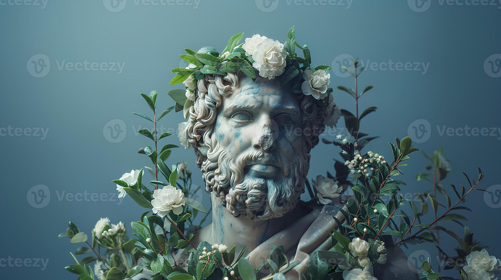 Ancient Greek bust of a man wrapped in flowers. Ancient Greek statue of a bearded emperor isolated on blue background. Ancient Roman architecture photo