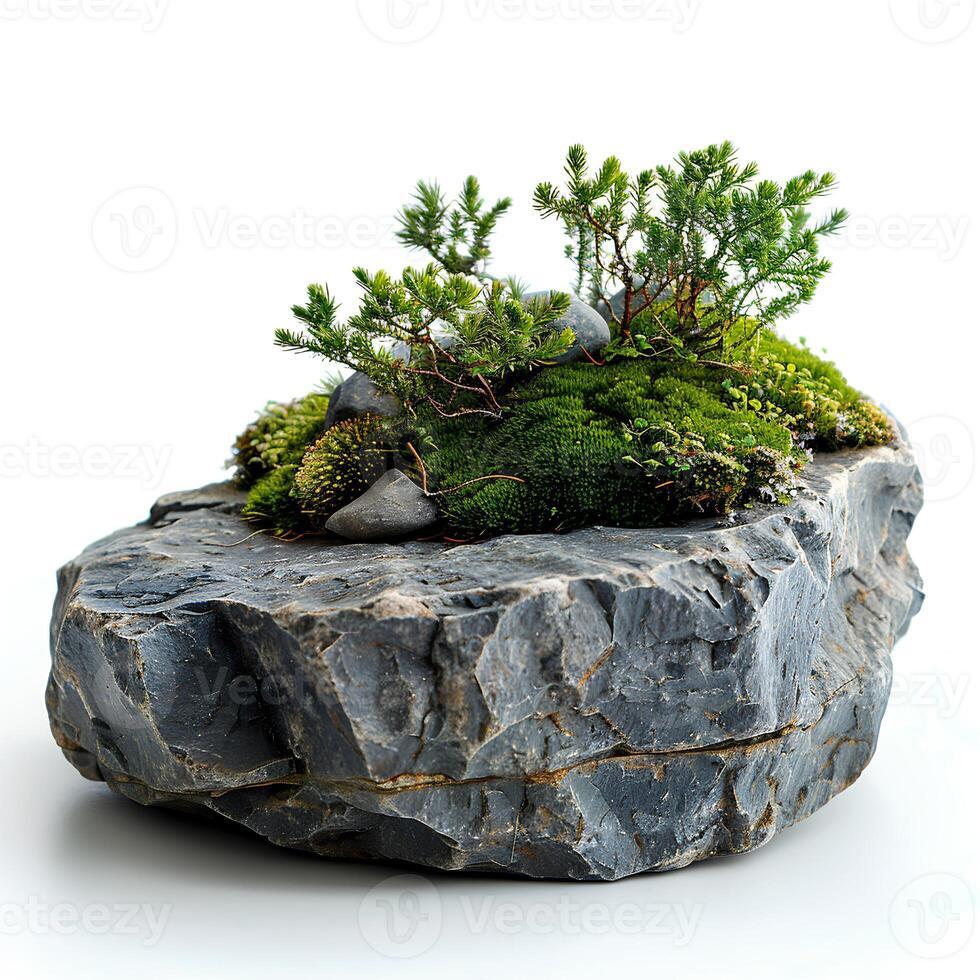 Green moss on a stone isolated on white background with shadow. Rock with forest moss isolated. Rock with wild forest grass and nature photo