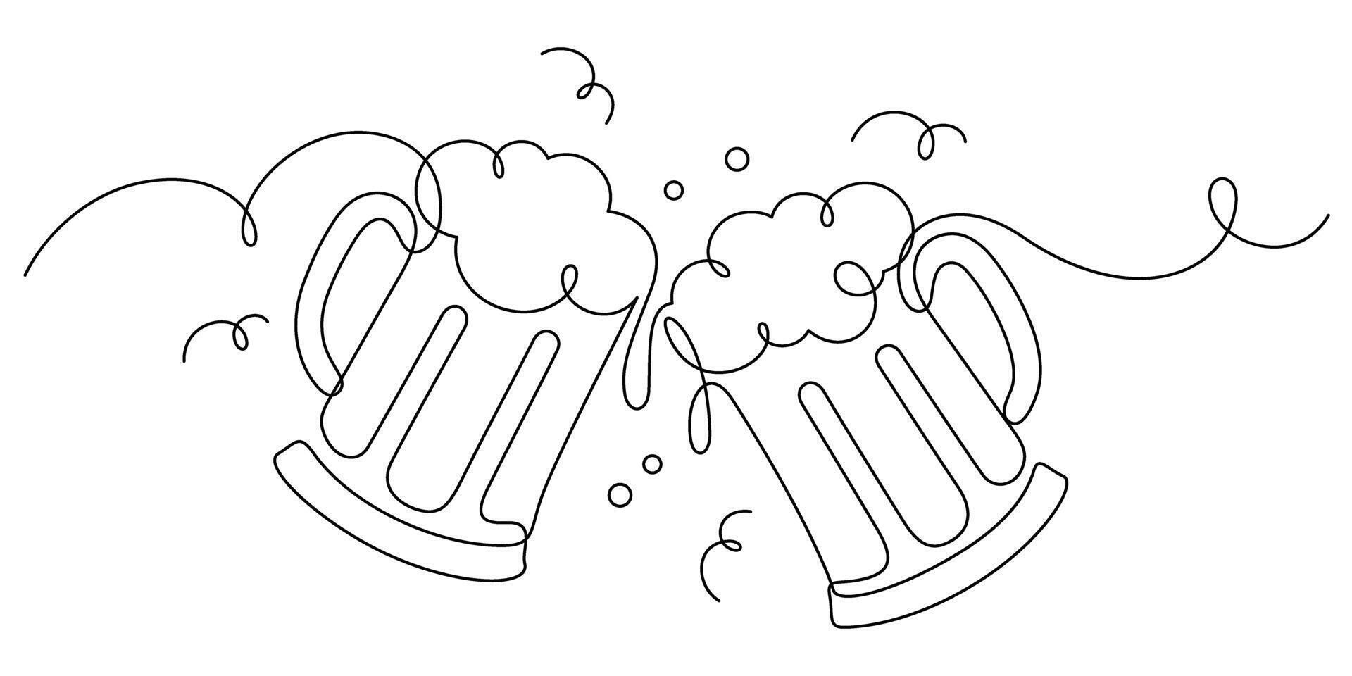 beer glass clinking in one line drawing funny and happy hour party celebration vector