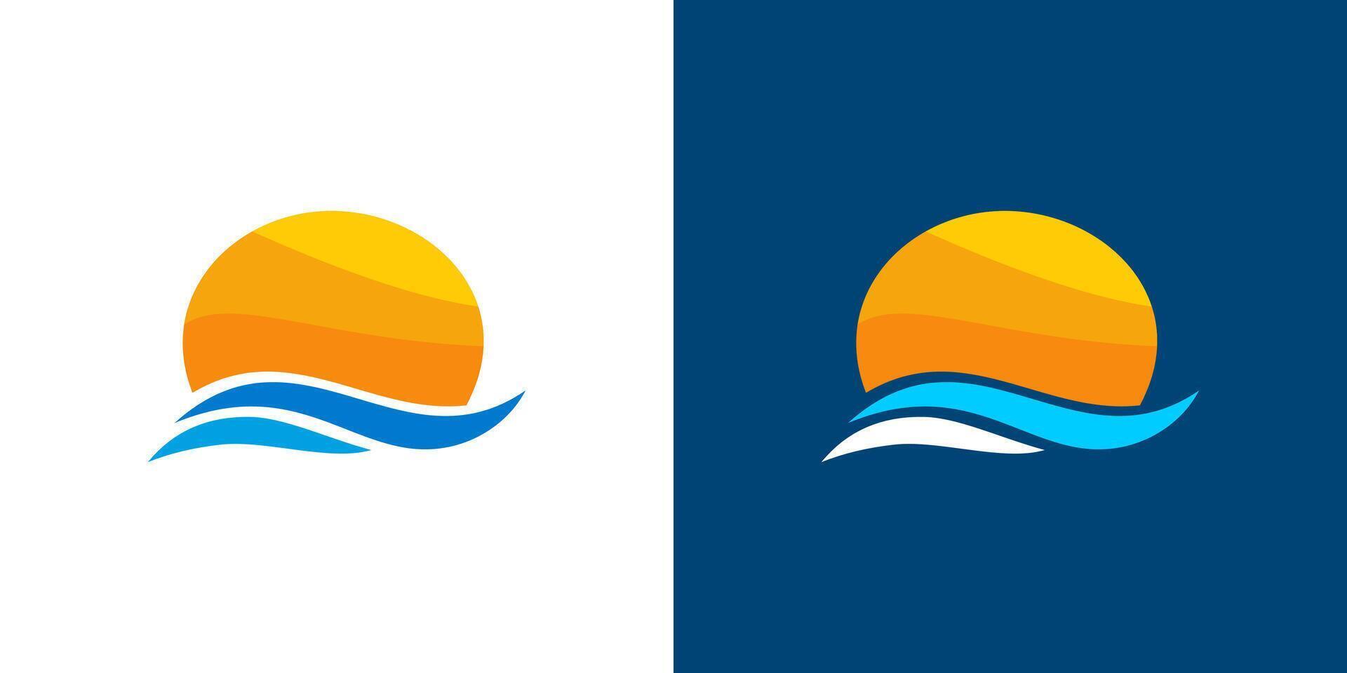 Sunset sunrise beach sea icon logo circle wave illustration vector