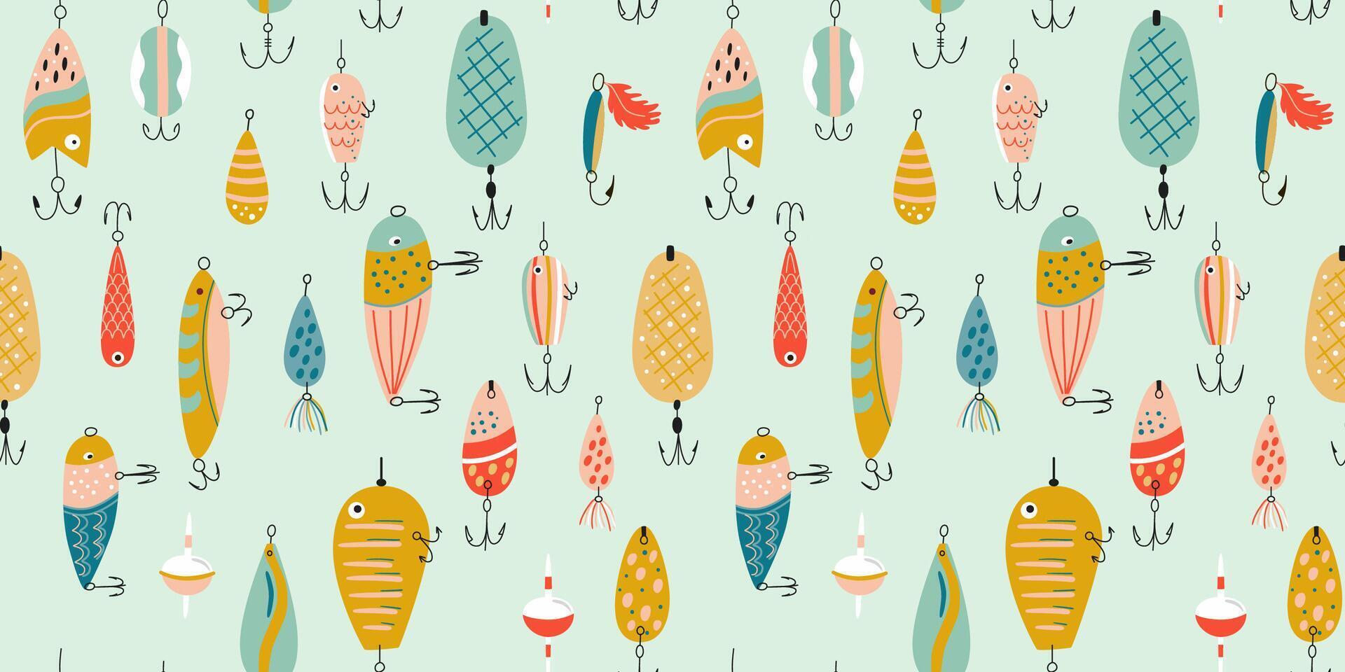 Fishing lures seamless pattern. Cute colorful fishing hook repeat background. Fathers day wallpaper, print for Dads day, fisherman equipment. Funny textile design, wrap paper, cartoon design. vector