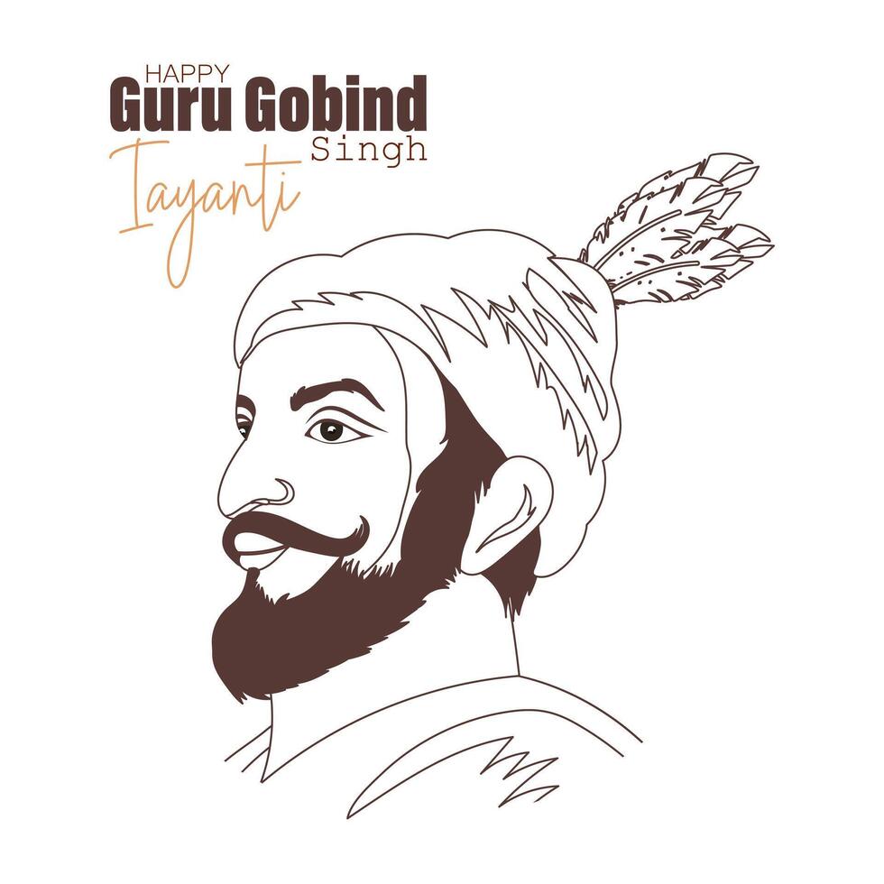 Guru Gobind Singh, last Sikh guru, hero of India. Line art vector