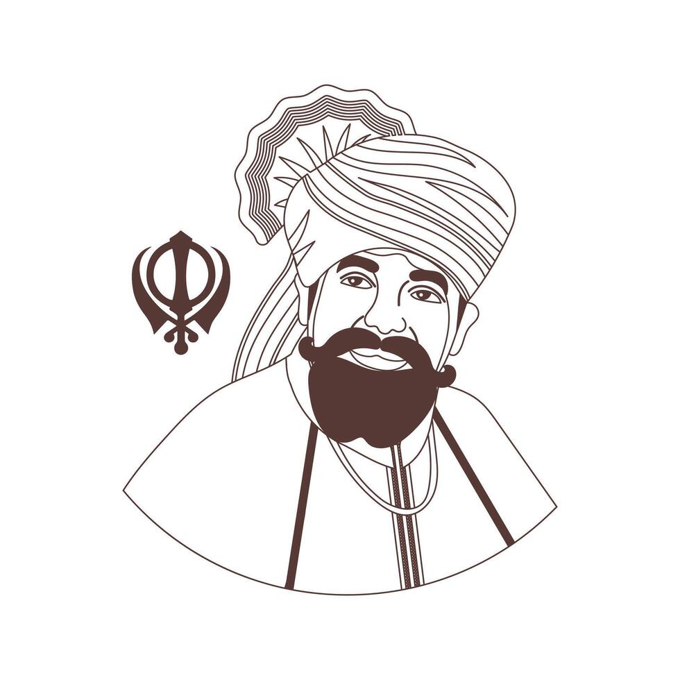 gurú engancharse singh, último sij gurú, héroe de India. línea Arte vector