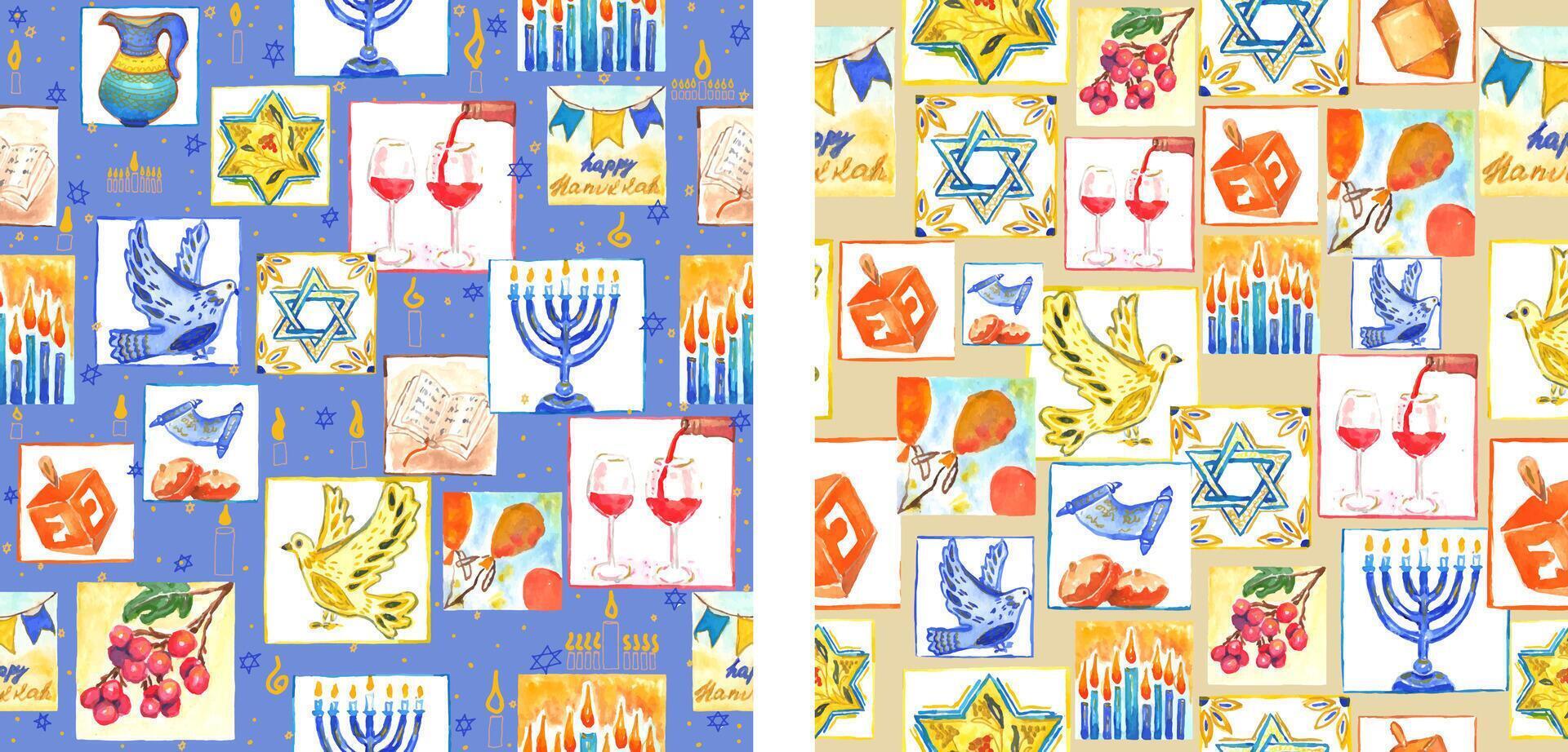 Set of seamless patterns for the holiday of Hanukkah. Painted with watercolors vector