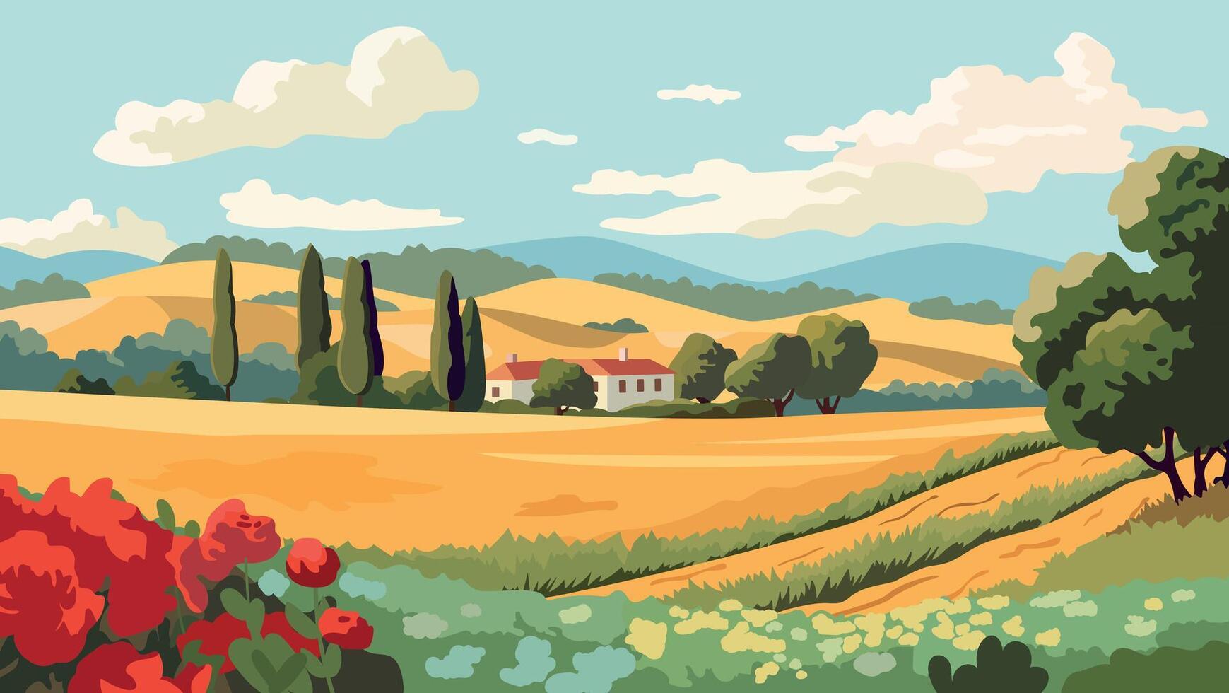 verano europeo paisaje con casas, verde colinas y campos ilustración. plano diseño póster. verano aldea. europeo campo. país casas vector