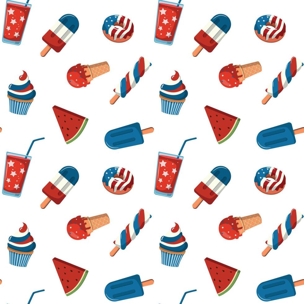 4th of July seamless pattern. American Independence Day theme. Treats in colors of the US national flag. Illustration on white background. vector