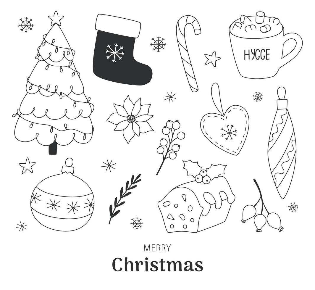 contorneado Navidad íconos en garabatear estilo. colección de festivo elementos Navidad árbol, calcetín, dulces, Navidad juguetes, leña menuda y más. vector