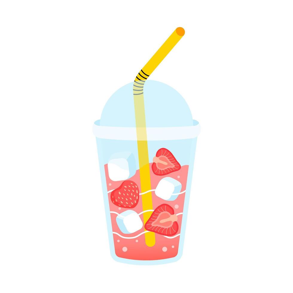 Fresh strawberries lemonade. Berry smoothie or juice in closed plastic cup with straw. Take away summer drink with ice and strawberries. Fresh berries juice, tasty beverage flat illustration. vector