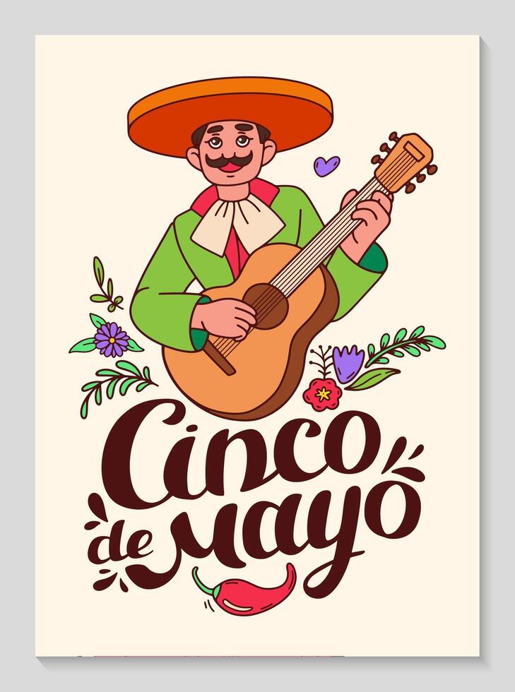 cinco Delaware mayonesa celebracion póster. vertical antecedentes con mexicano obras de teatro guitarra. mexicano caracteres tradicional contento personas músicos en sombrero mano letras. garabatear ilustración. vector