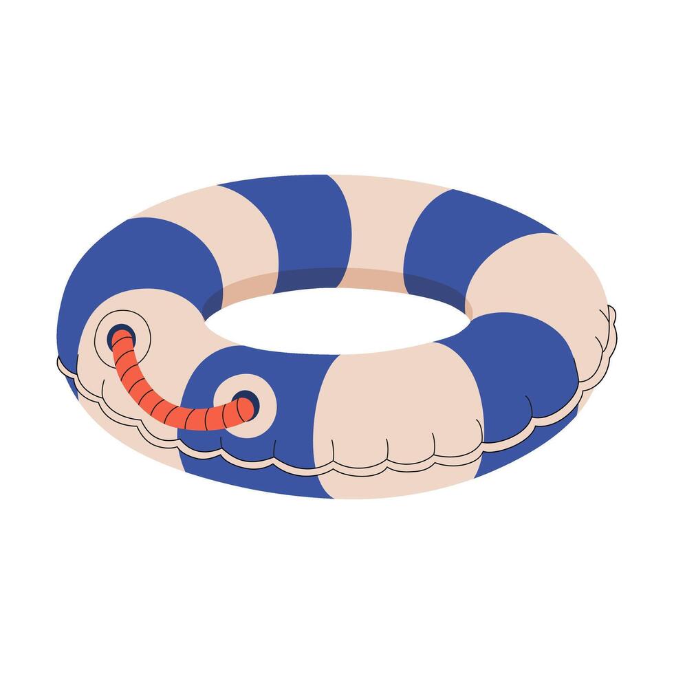 Striped blue and White Lifebuoy With Rope. Summer pool rubber ring. Swim ring on white background. Inflatable rubber water and beach. Practice water safety. flat illustration. vector