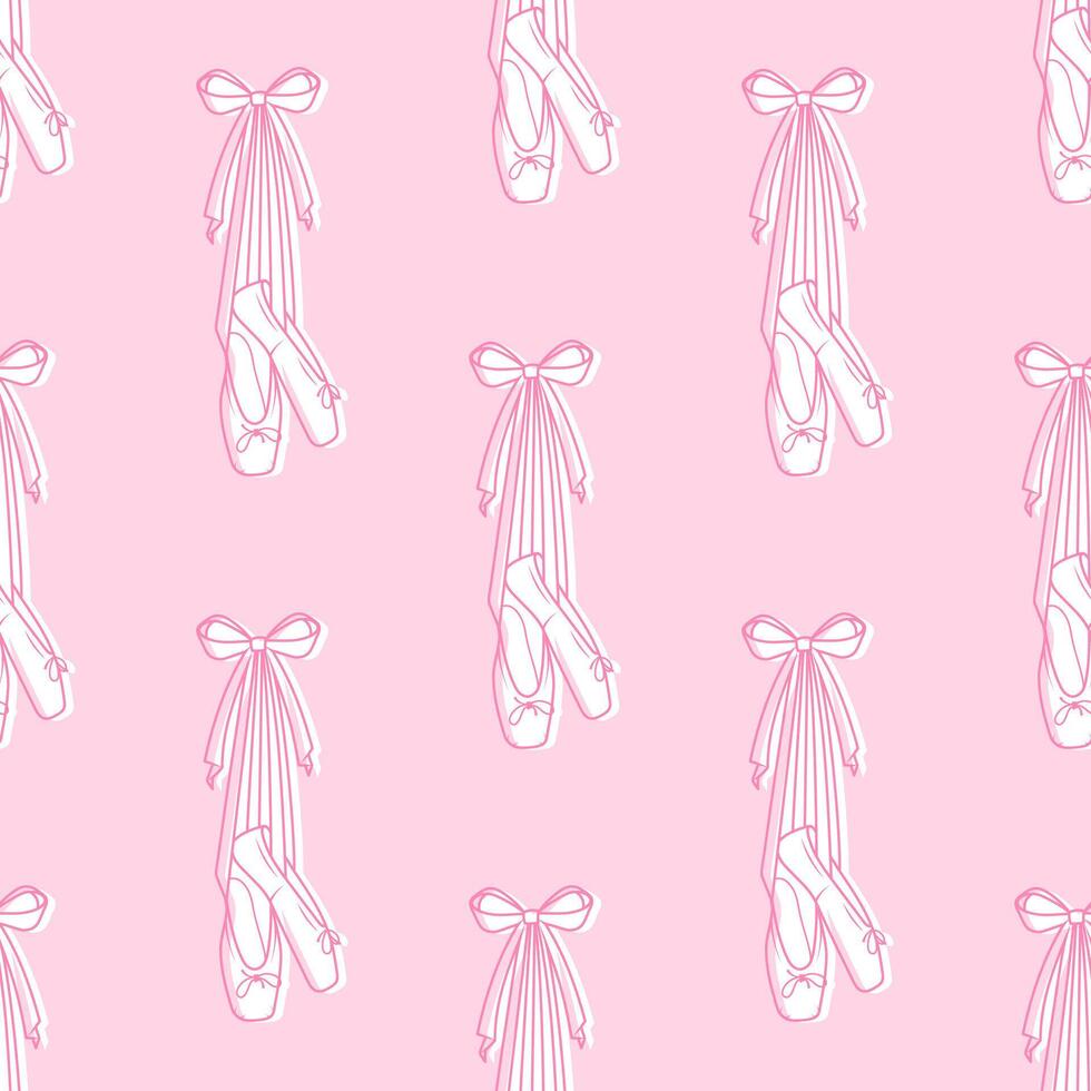 Cute coquette pattern seamless pink ribbon bow and ballet shoes. Cute feminine romantic background for textile, fabric, wallpaper, wrapping. Ballet core. vector