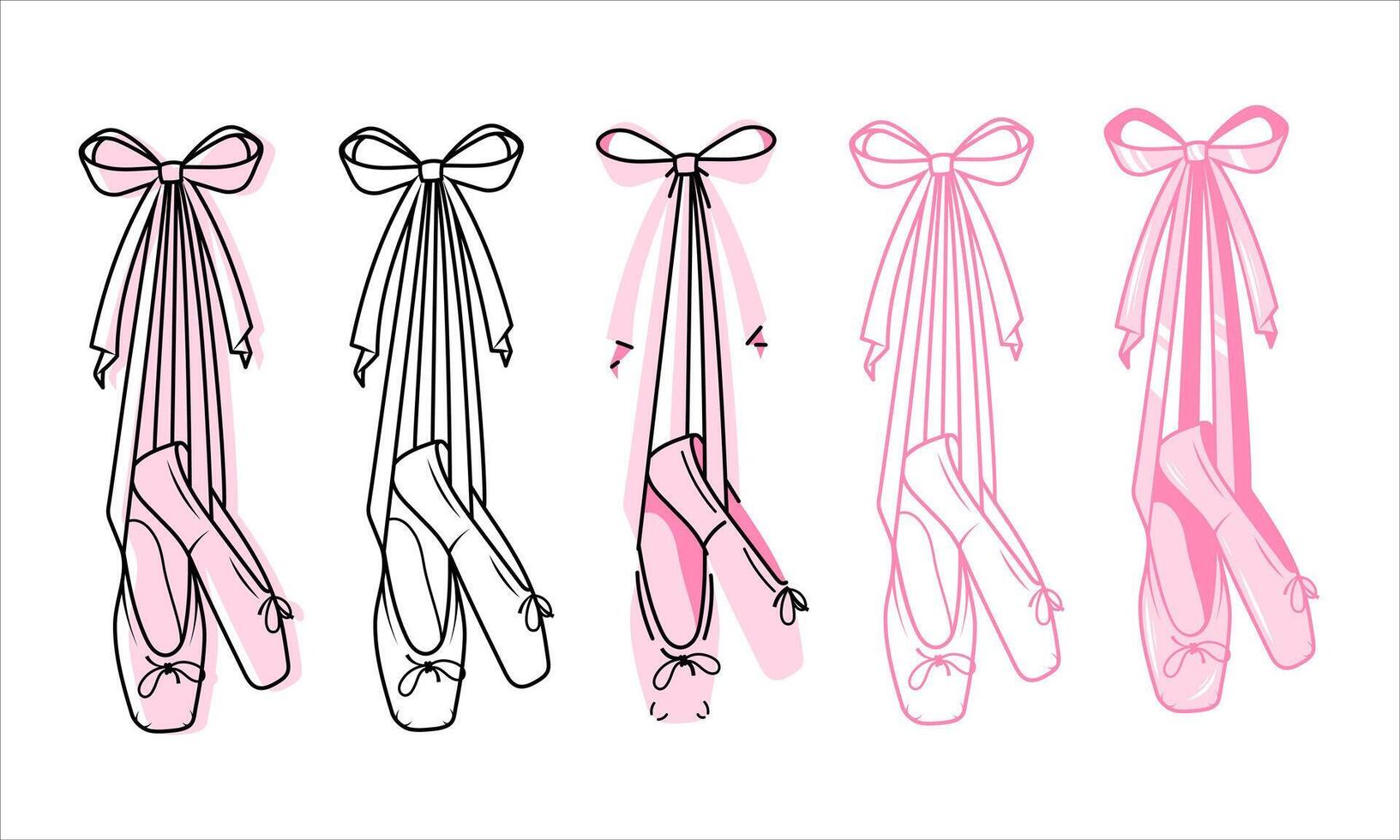 Set of ballet shoes in different styles. Ballet coquette core. Flat graphics isolated on white background vector