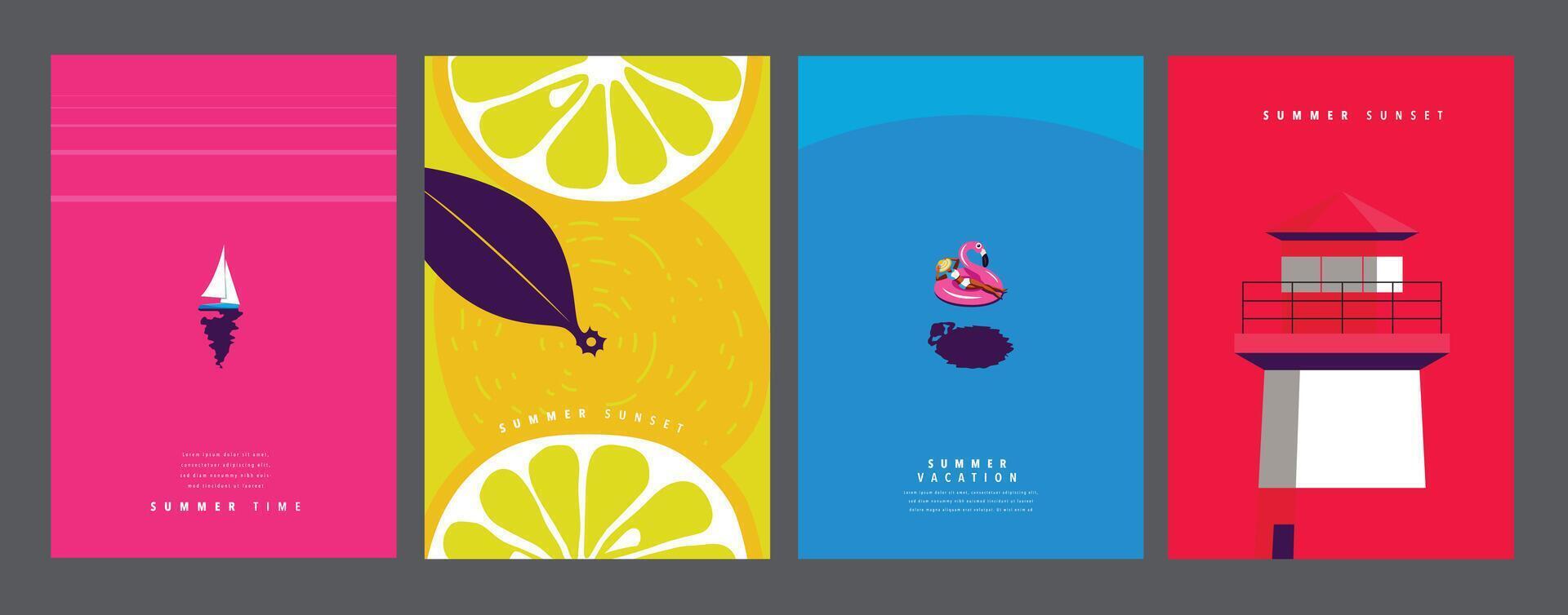 Summer layout set, poster banner template, flat design, colorful minimal illustration vector