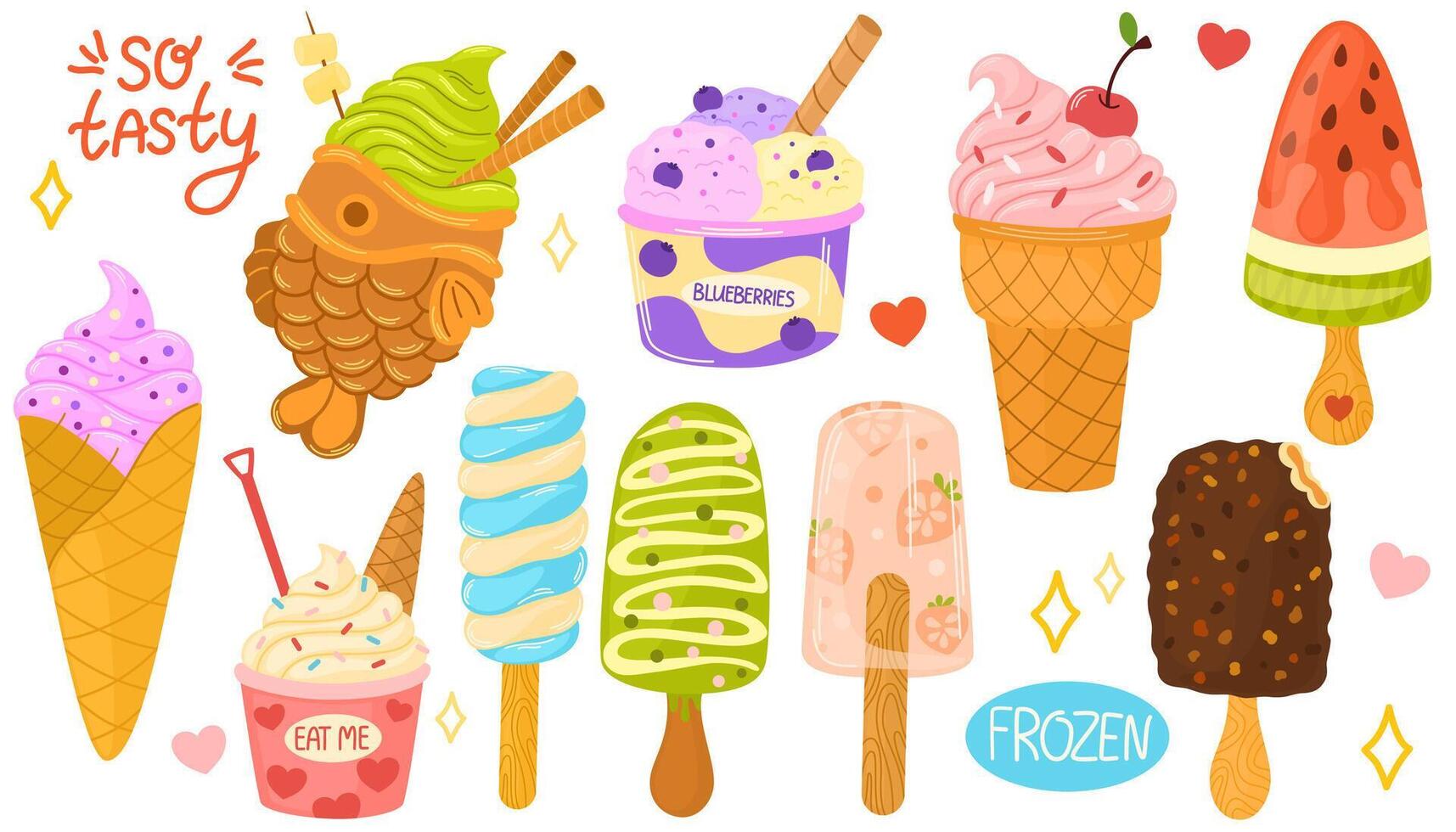 hielo cremas postres, dulce comiendo colocar. sabroso calle alimento, confitería meriendas. burbuja gofre con relleno, hielo crema pelotas en taza, helado en cono. diseño elementos colocar. vector